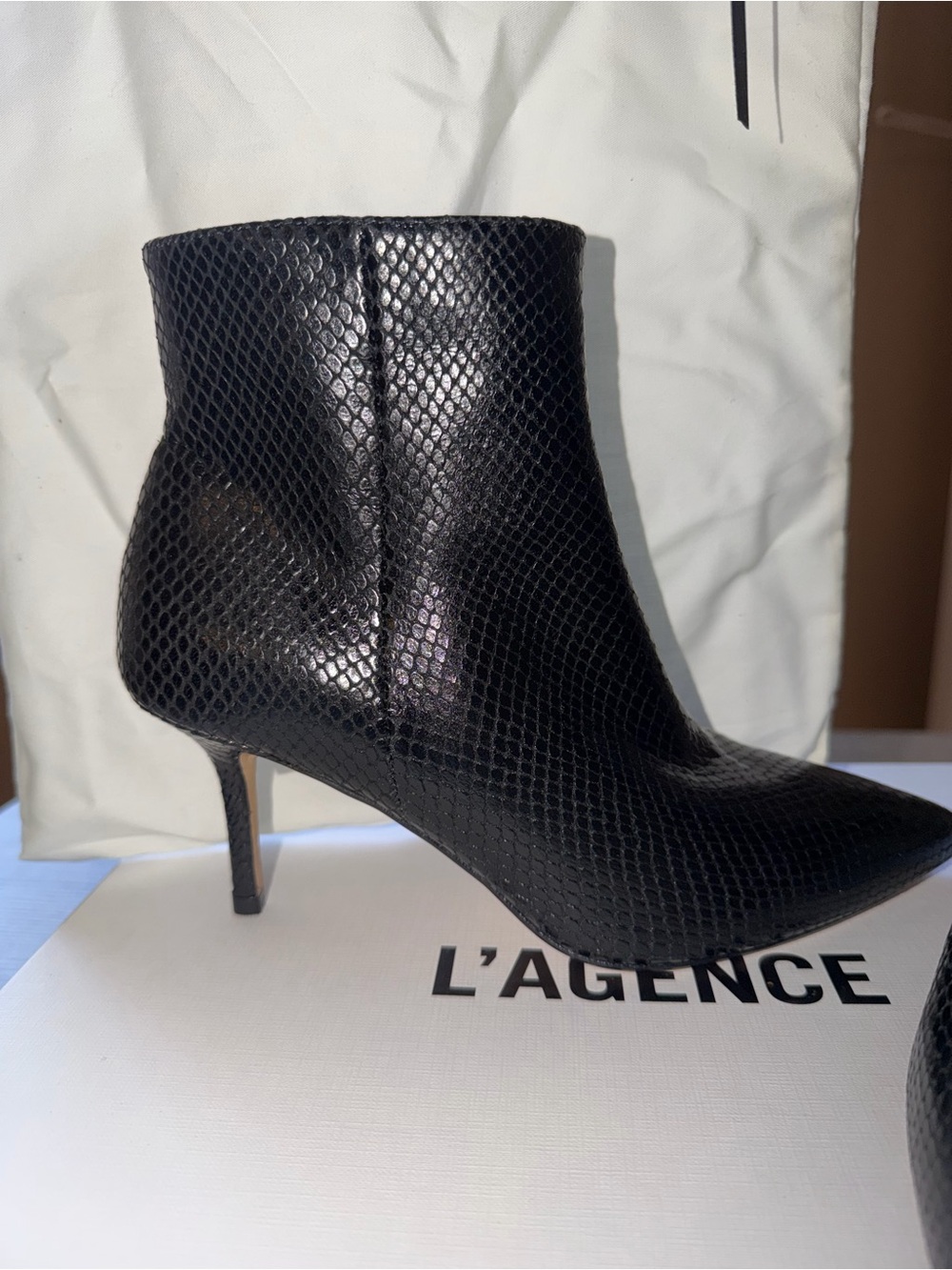 L'AGENCE Black Snakeskin Pointed-Toe Kitten Heel Ankle Boots
